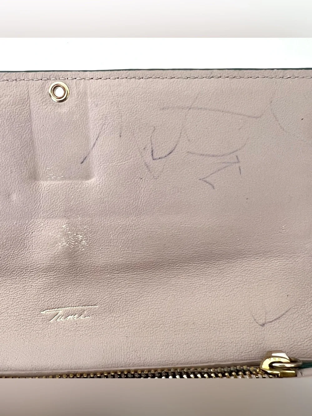 TUMI Sage Shimmer Green Leather Flap Closure Dual Compartment Spacious Wallet